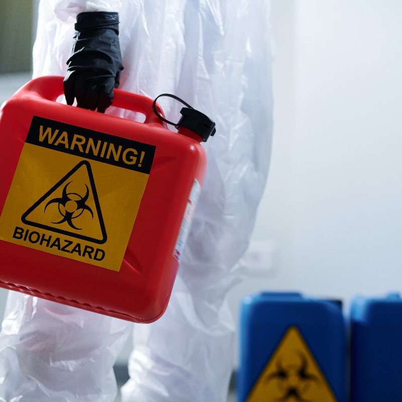 close-up of a worker with a biohazard container